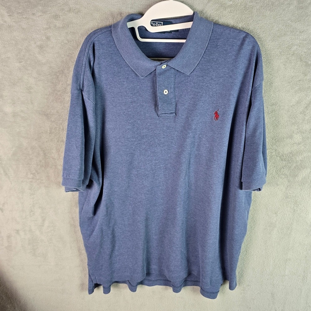 Polo Ralph Lauren Mens XL‎ Blue Heather Cotton Short Sleeve Polo Shirt Red Pony